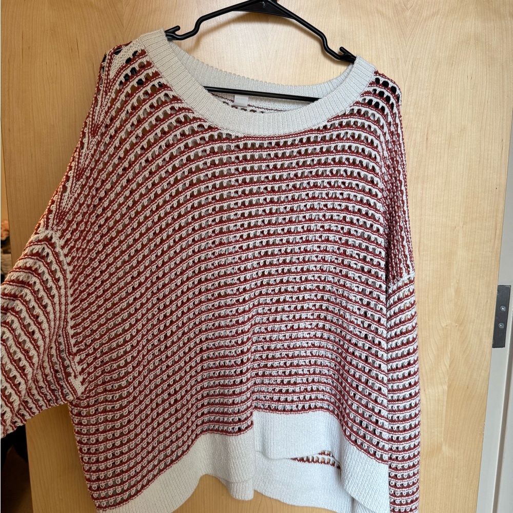 Old Navy Red and White Crew Neck Sweater with Textured Knit